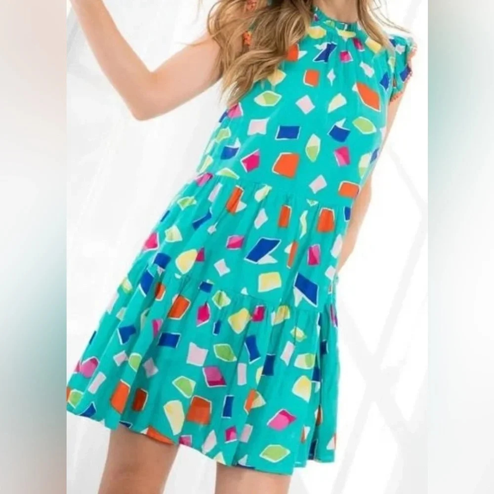 THML Teal Tiered Ruffle Geometric Printed Dress size XS - Picture 3 of 10